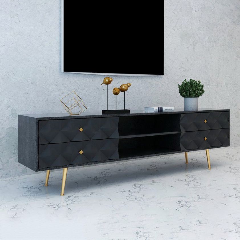 79" Black and Gold MidCentury Wood TV Stand with Storage 4 Drawers