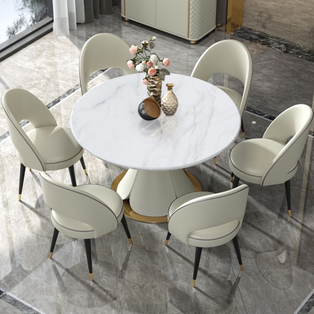 47.2" White Round Marble Dining Table with Stainless Steel Base with PU White Modern Round Marble Dining Table With Stainless Steel Base