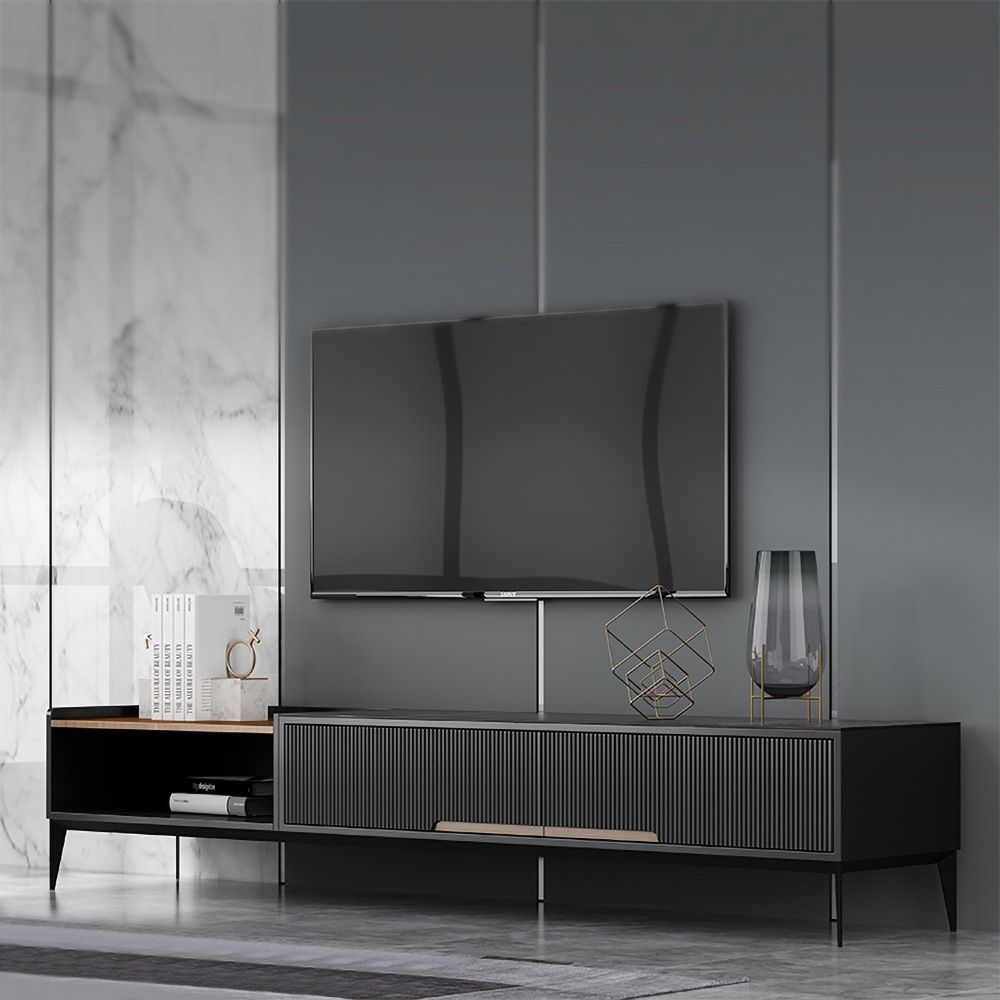 70.9" Black & Natural TV Stand Faux Marble Media Console with 2 Drawers