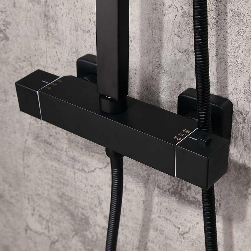 Modern Exposed Thermostatic Matte Black Square Rain Shower System with