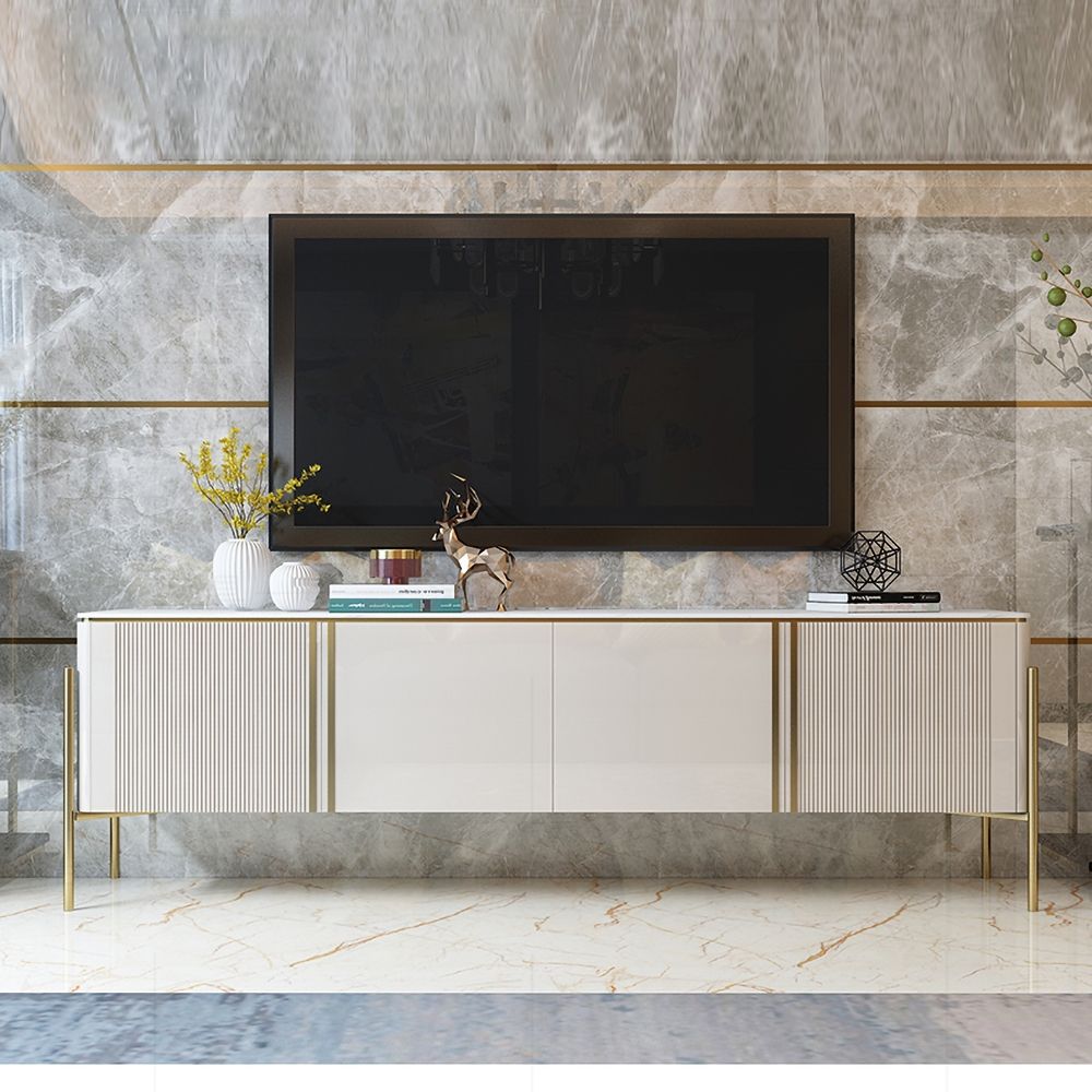 Off White Modern TV Stand with 4 Doors & 2 Shelves for TVs up to 80" in