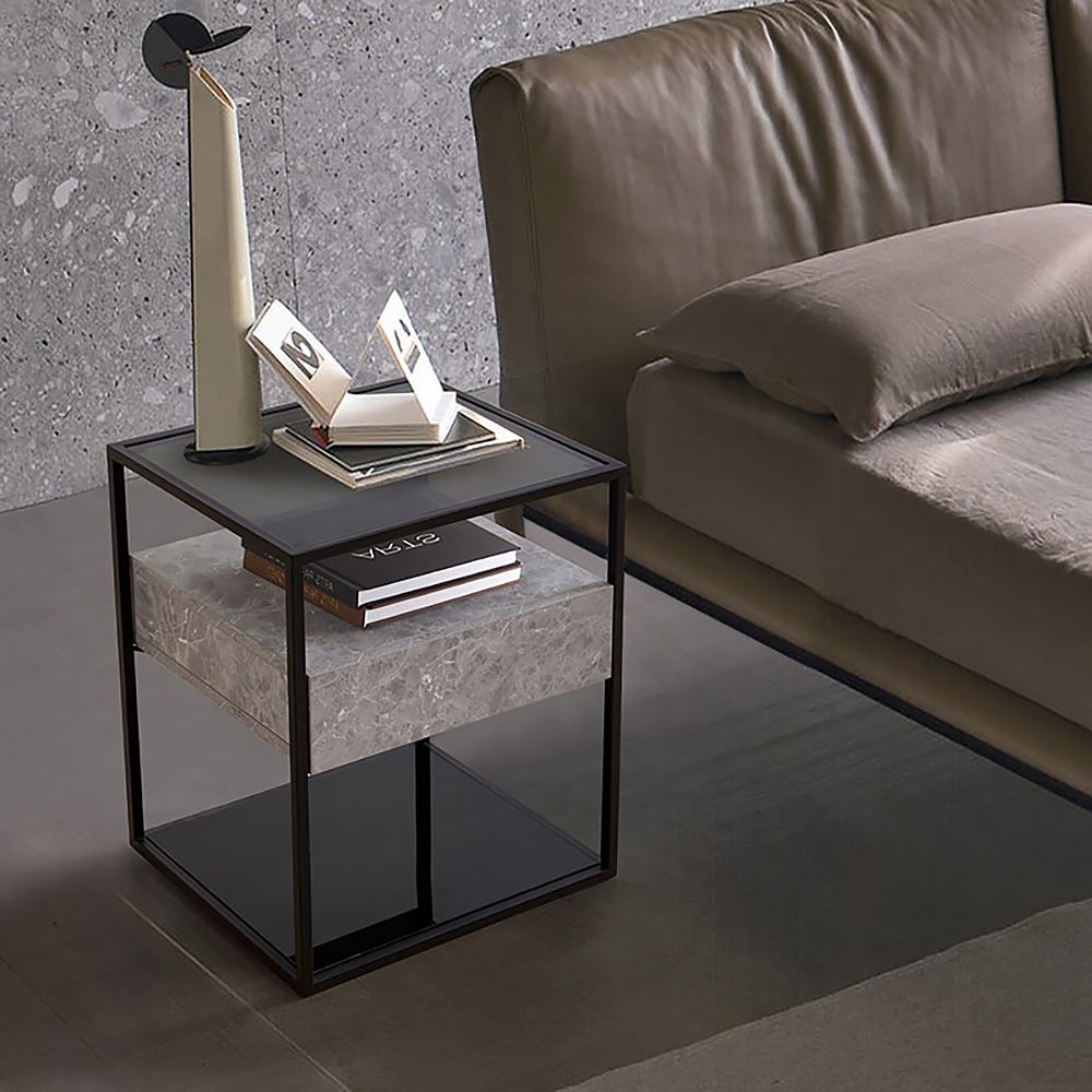 Modern Grey Nightstand Faux Marble Nightstand Side Table with Drawer in