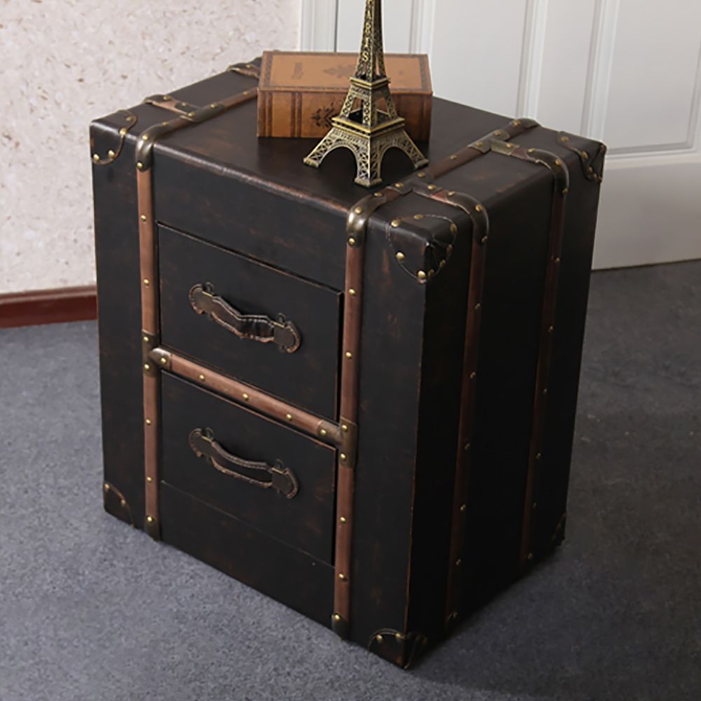 Industrial Retro Antique Black Nightstand with 2 Drawers Leather Pull