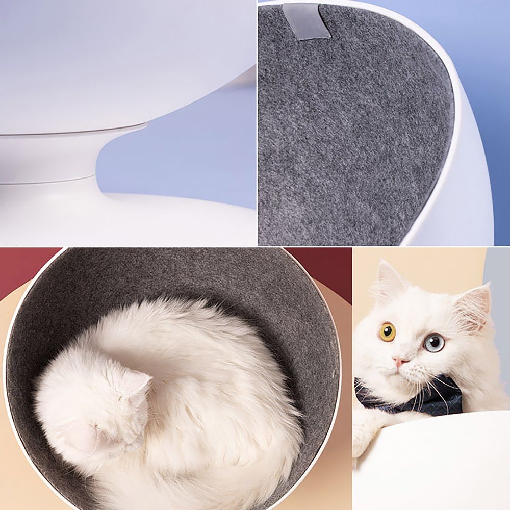 16" Swivel Ball Chair Cat Bed Round Hooded Nest in White with Gray Lining