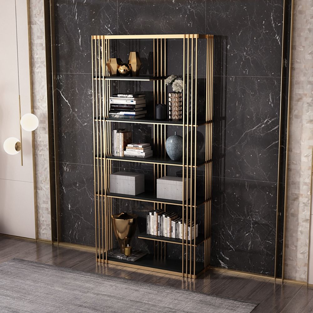 Modern Luxury 6-Tier Etagere Bookshelf in Black & Gold Freestanding ...