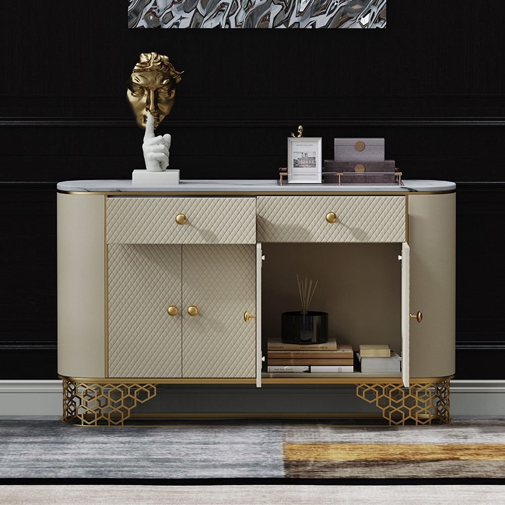 Sideboard Cabinet Faux Marble Faux Leather Upholstery with Storage ...