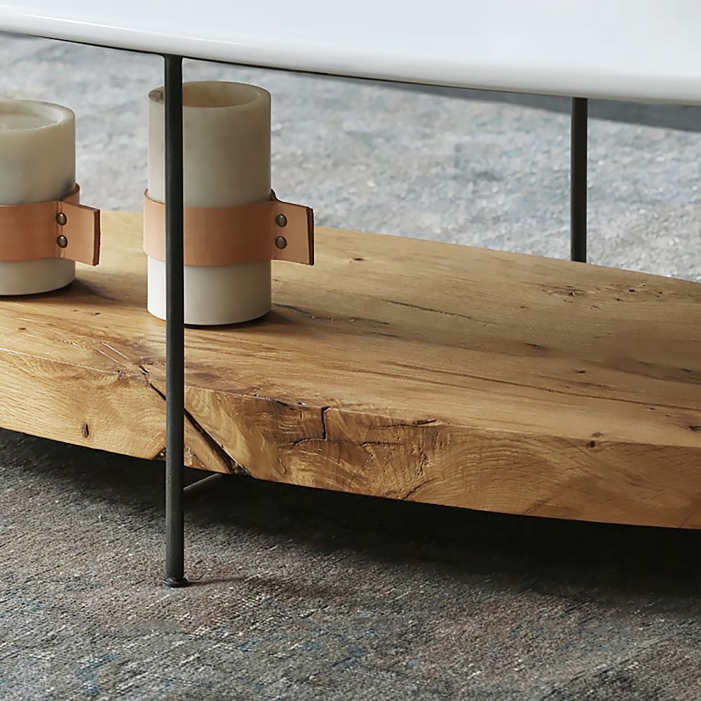 39" White & Natural Oval Coffee Table with Storage Shelf Water Proof