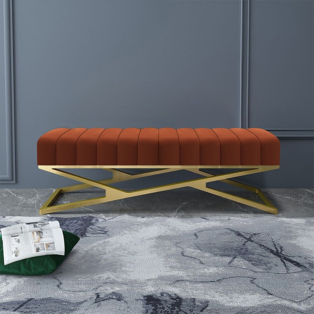 Modern Entryway Bench Orange Velvet Upholstered Ottoman Bench In Gold