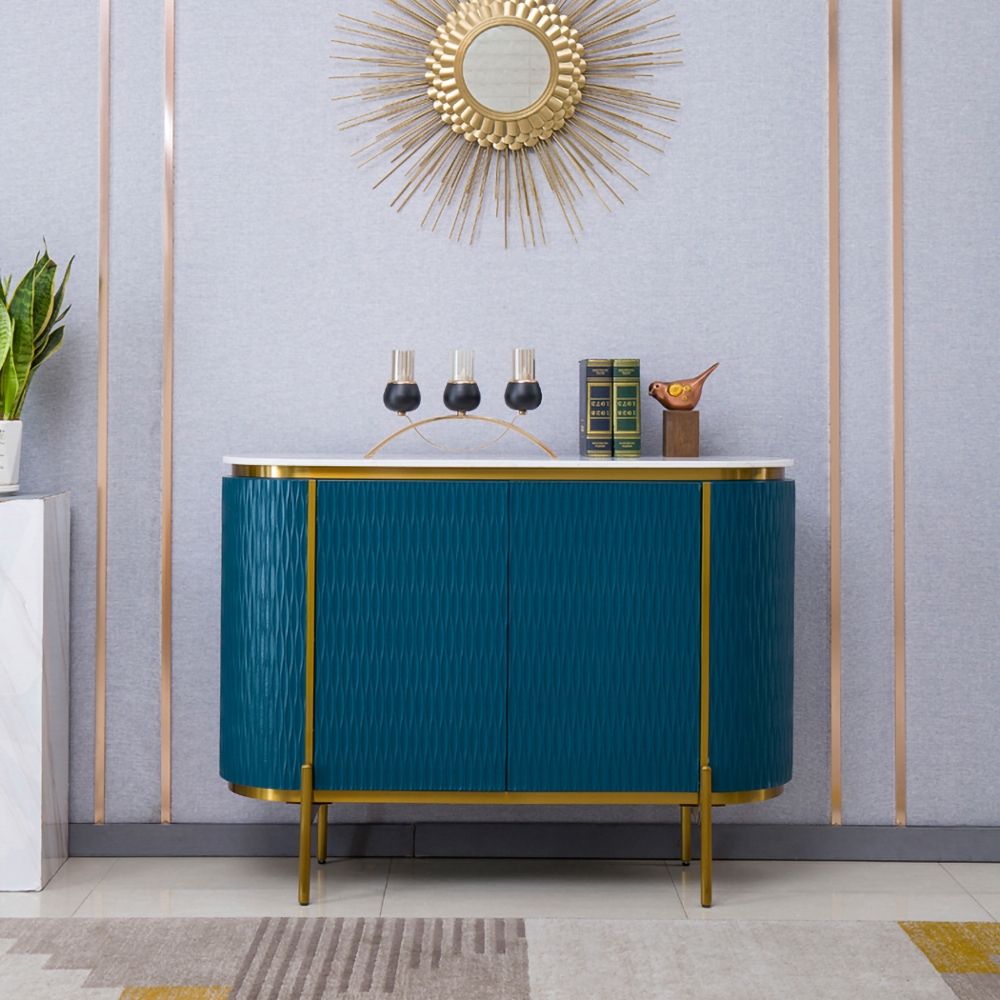 47" Modern Blue Sideboard Buffet Faux Marble Top 2 Doors 1 Shelf Gold