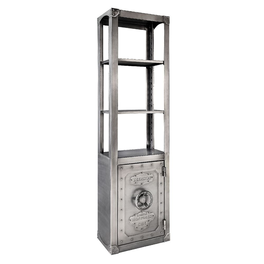 Brushed Silver Bookshelf with Door Industrial Metal Bookcase 3 Shelves