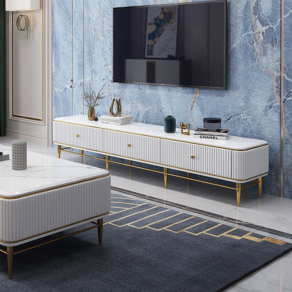 MidCentury Meuble TV Blanc et Or en Faux Marbre avec Tiroirs