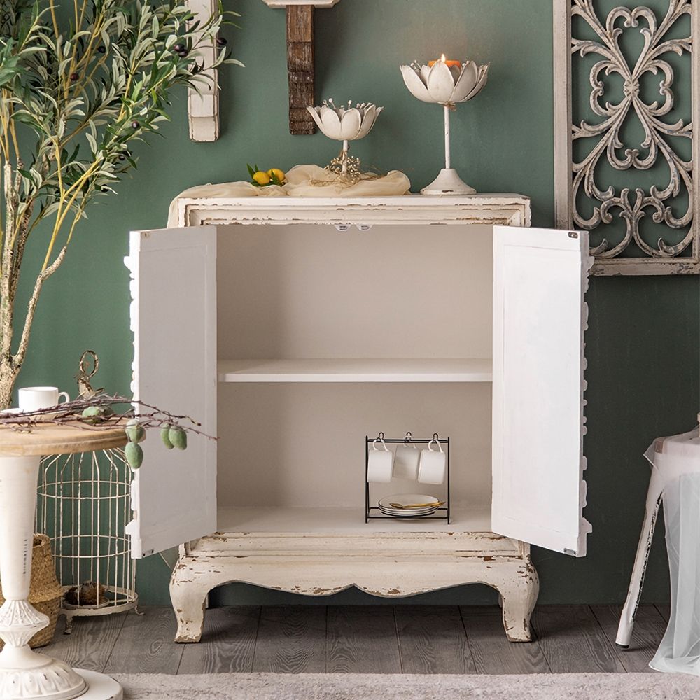 white distressed wood farmhouse cabinet