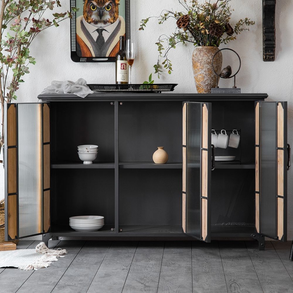 49" Industrial Black Sideboard Buffet Metal Frame with 2 Wood and Glass