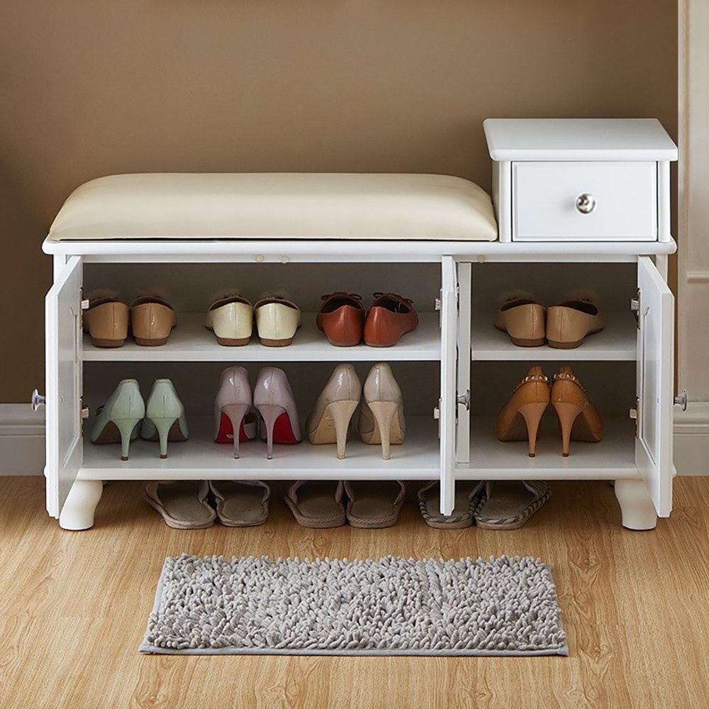 47" White Genuine Leather Upholstered Bench with Shoe Cabinet 3-Door