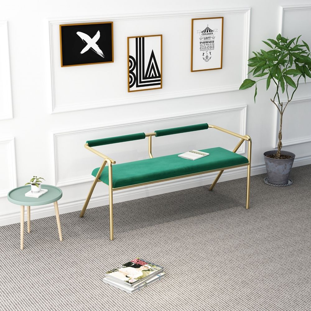 Green Entryway Bench Upholstered Velvet Modern Bench in Gold