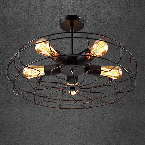 Retro 5 Light Wrought Iron Black Semi Flush Mount Ceiling Light