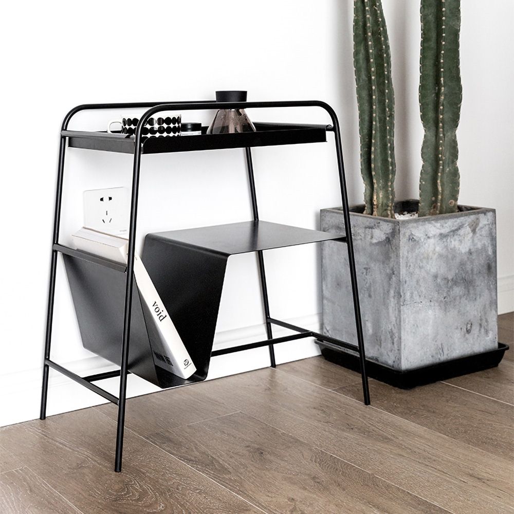 Rectangular Black Metal Side Table with Tray 2Tier Storage Shelving Magazine Organizer