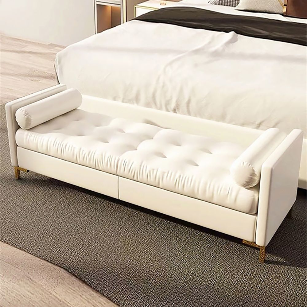 47.2" White Faux Leather Upholstery Tufted Bench Ottoman Gold Leg