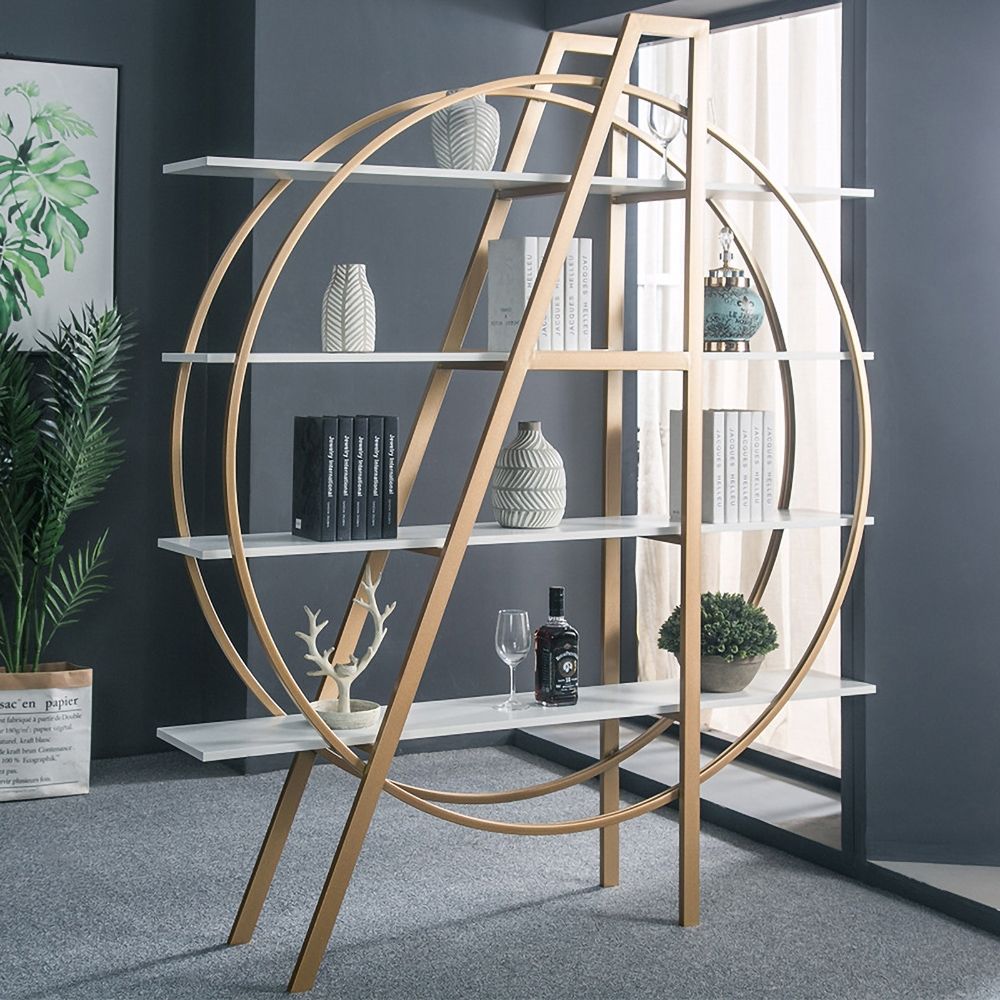 White and Gold Round Bookcase 4Tier Bookshelf Modern Display Shelf