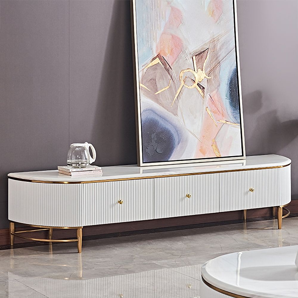 White TV Stand Faux Marble Top Media Console with Drawers for TVs up to 85"