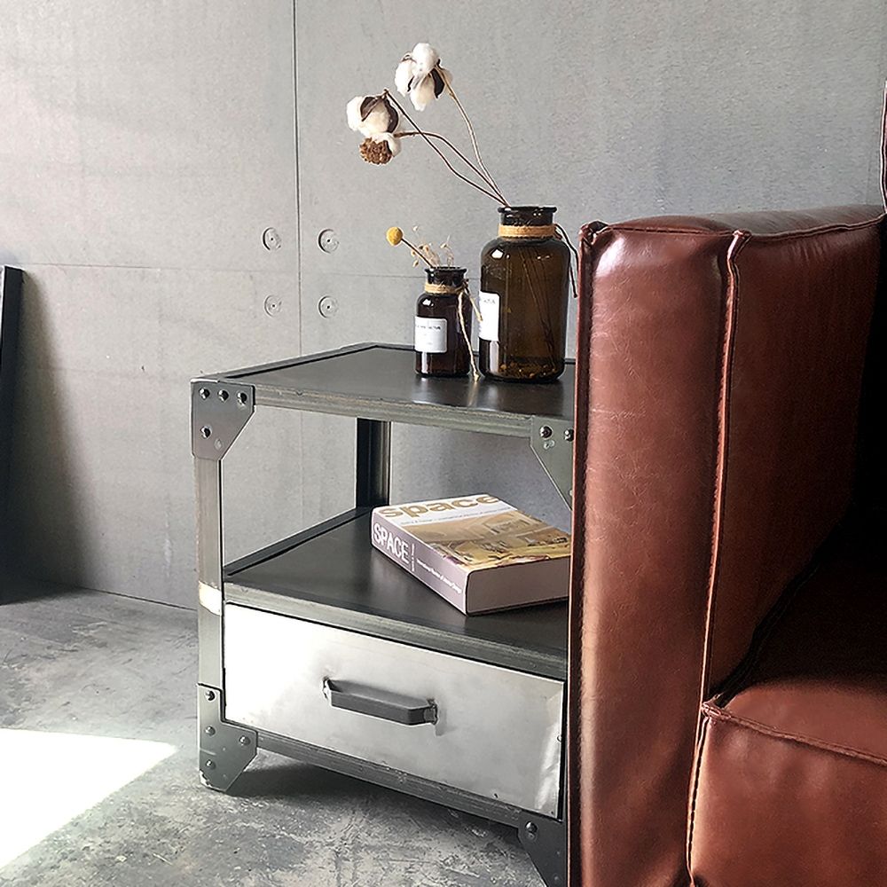 Industrial Metal Nightstand Bedside with Storage 1 Drawer Brushed Black