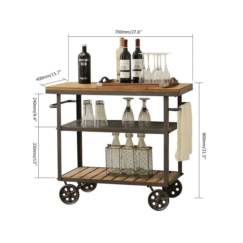 Black Bar Cart with 2 Shelves 4 Metal Wheels Industrial Style 27.6''