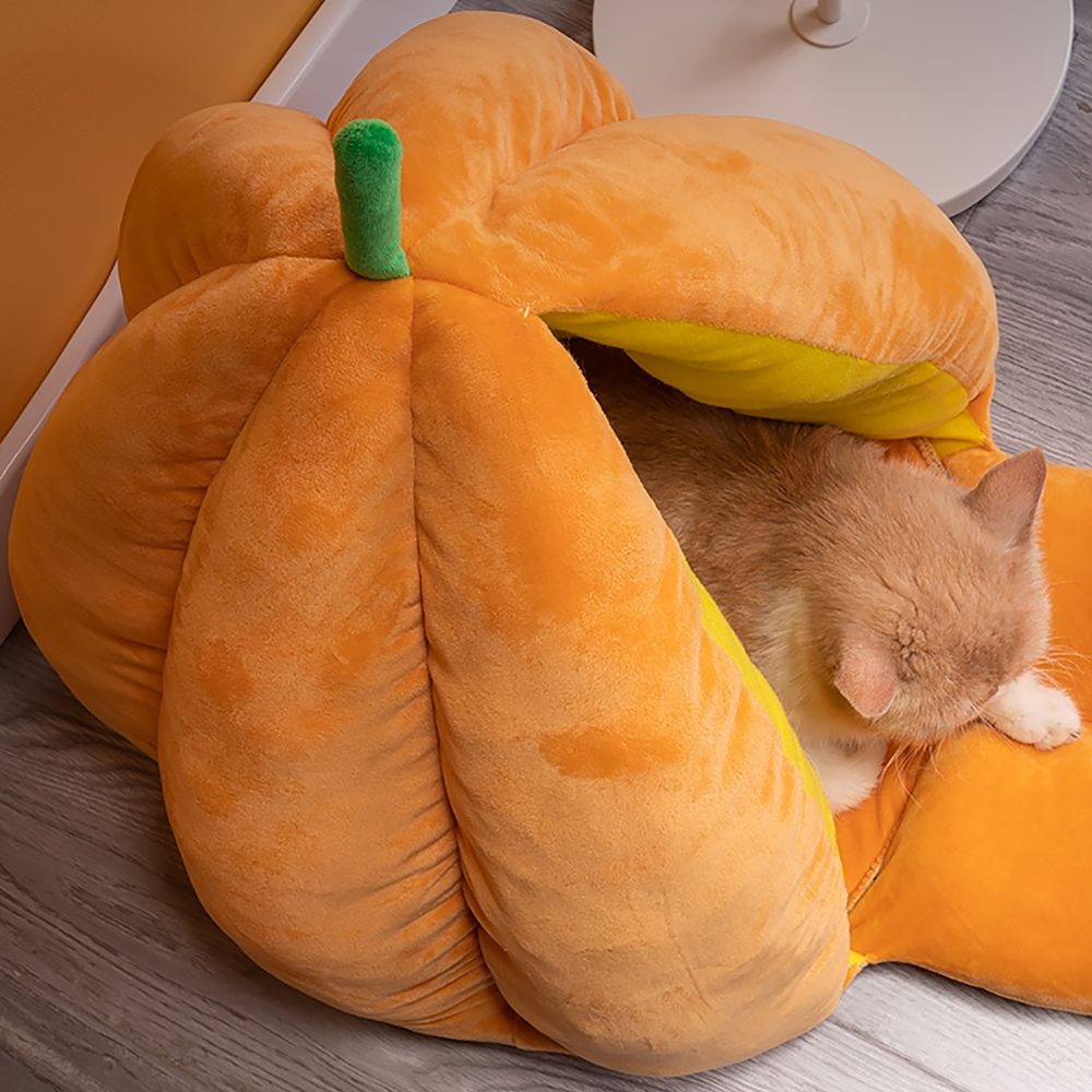 Pumpkin Hooded Dome Pet Bed Small Cat Cave Velvet in Orange