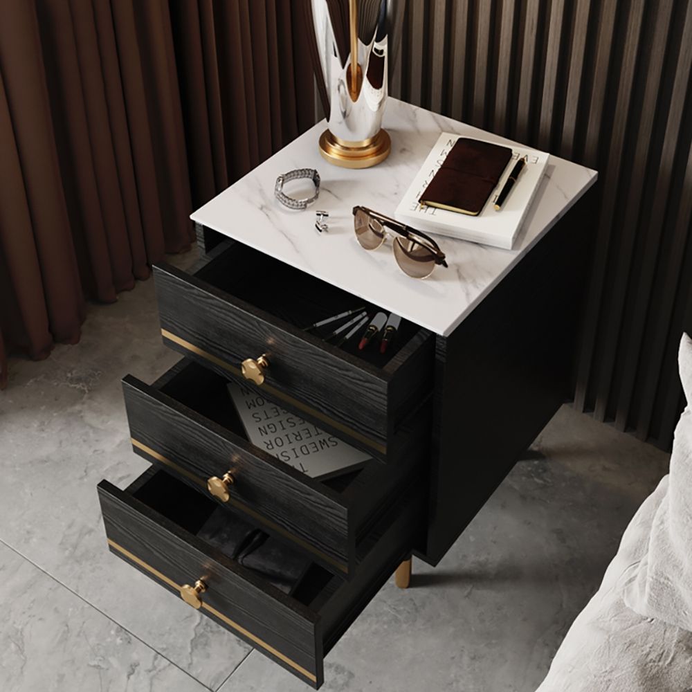 Modern Black Nightstand White Faux Marble Top Bedside with 3