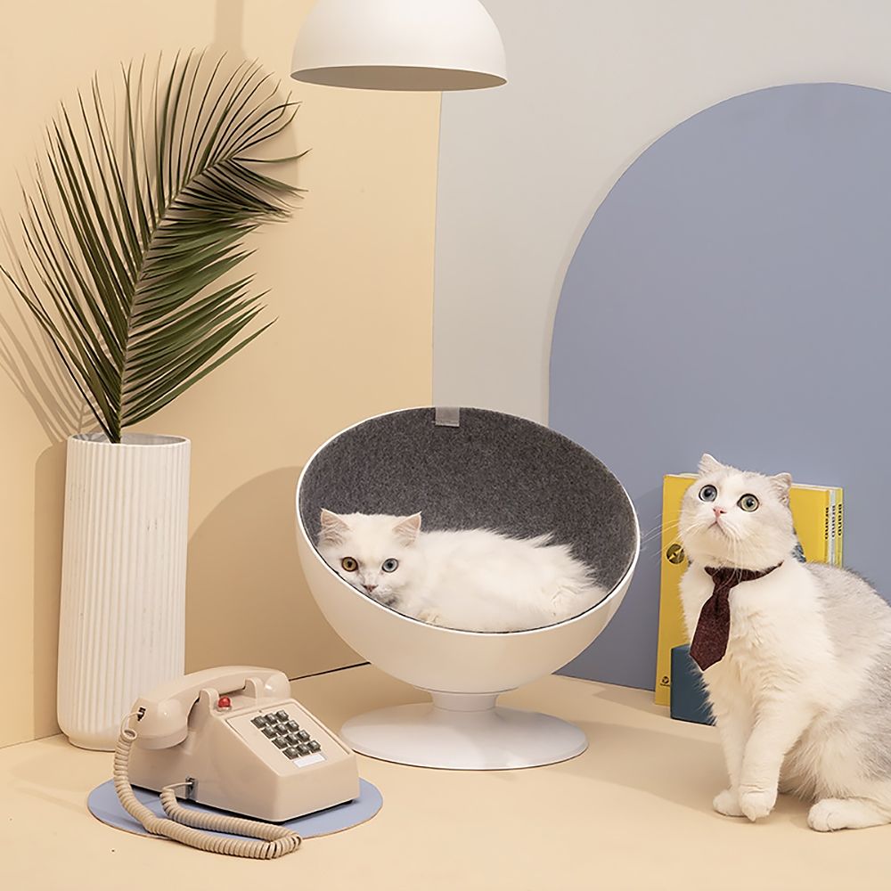 16" Swivel Ball Chair Cat Bed Round Hooded Nest in White with Gray Lining