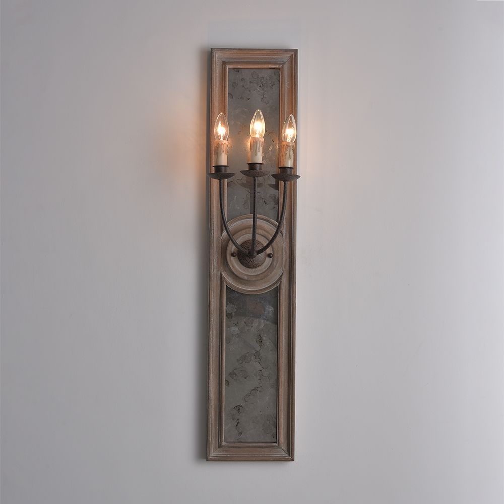 French Candle Wall Sconce 3Light Mirrored Wall Light Weathered Wood Panel & Metal