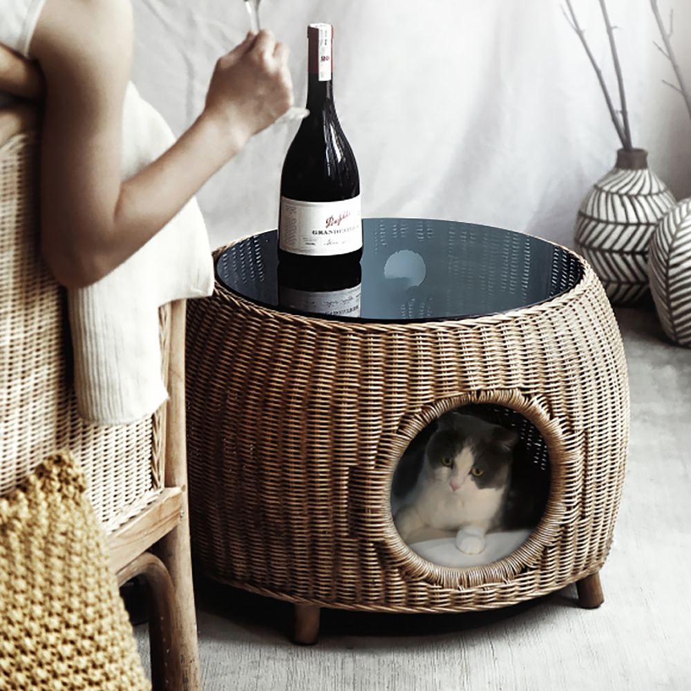 21.7" Brown Rattan End Table Cat Bed Round Black Tempered Glass Table Top