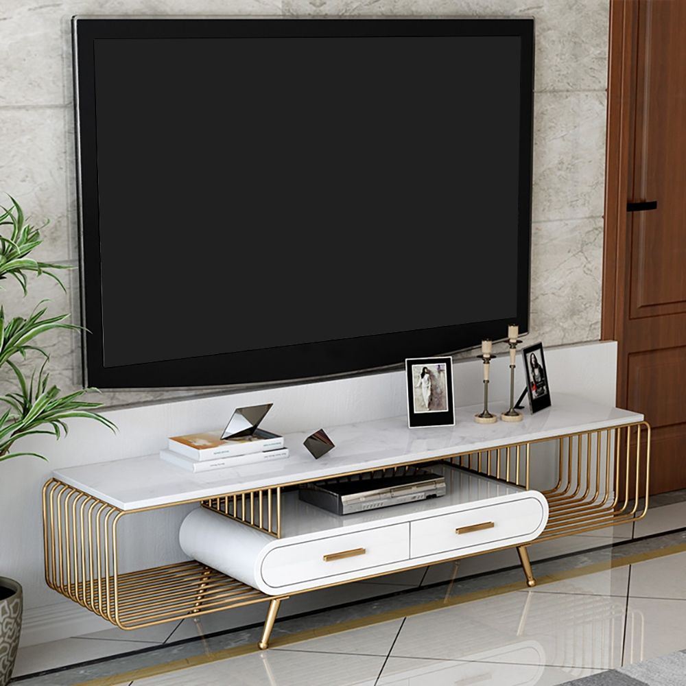 70" Nordic TV Stand Faux Marble Top 2Drawer Novelty Entertainment