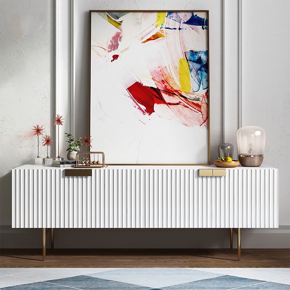 79" White TV Stand for 75 Inch TVs with Storage 4 Doors Gold Handles