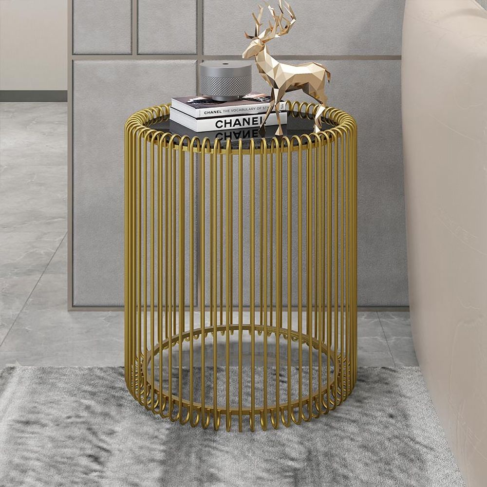 Modern Gold Round End Table Black Tempered Glass Top Wire Cage Side