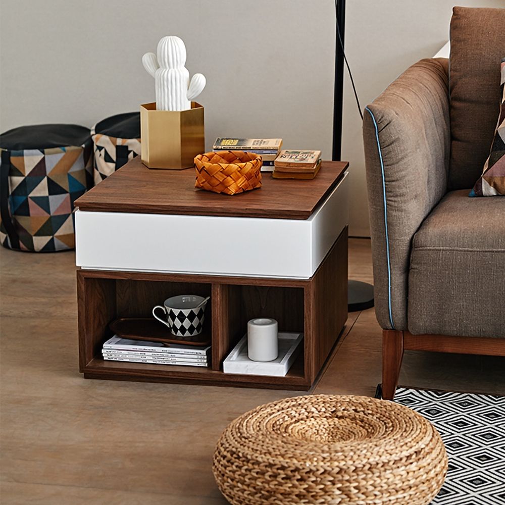 White & Walnut Square Coffee Table with Storage Lift-Top Manufactured