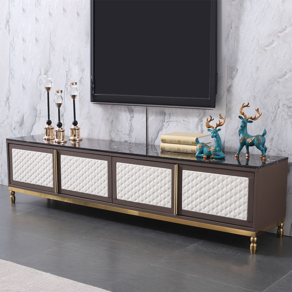 MidCentury Rectangle Black&Coffee TV Stand Faux Marble Top PU Leather Upholstery Media Console