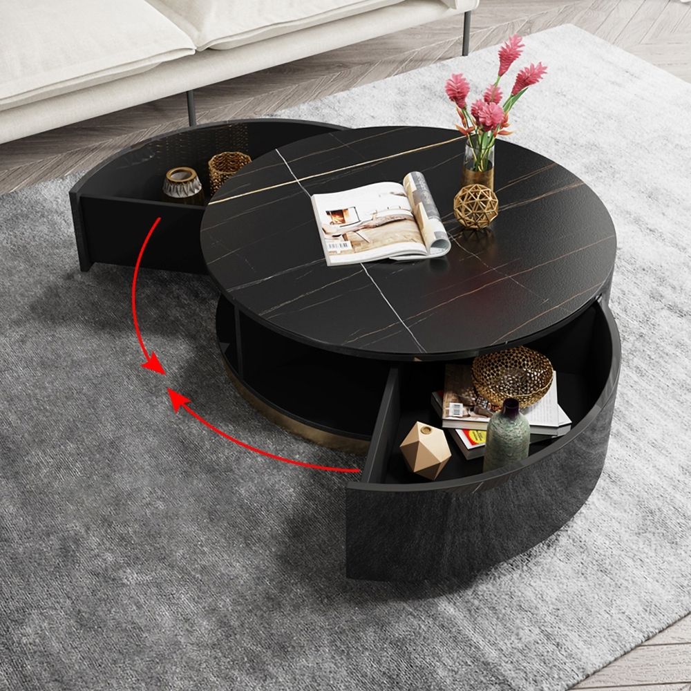 Black Round Coffee Table with Rotating Drawers Stone Top Stainless