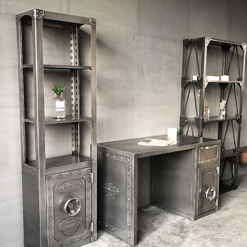 Brushed Silver Bookshelf with Door Industrial Metal Bookcase 3 Shelves