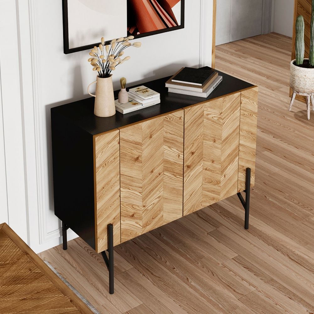 Chevron Sideboard Buffet with Storage 2Door Black and Natural Accent