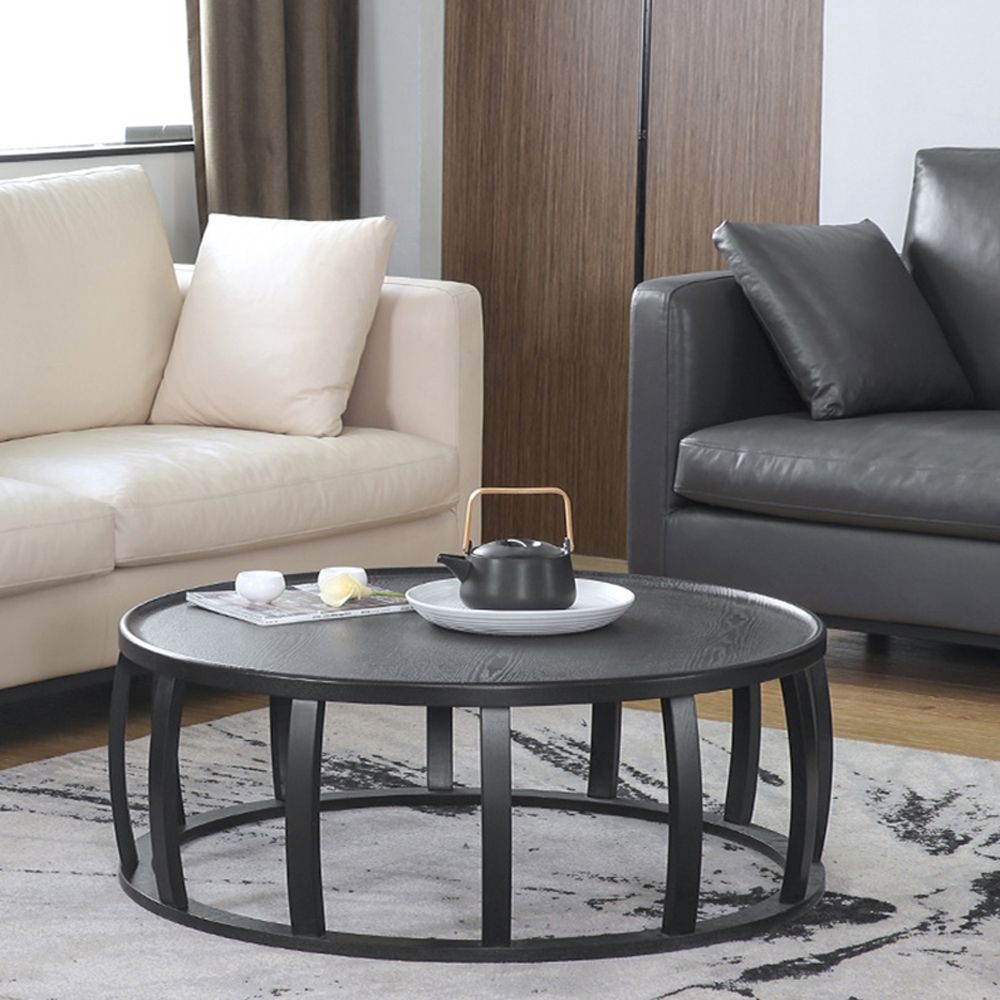 Black Round Coffee Table Set with Wooden Top & Metal Frame 2Piece