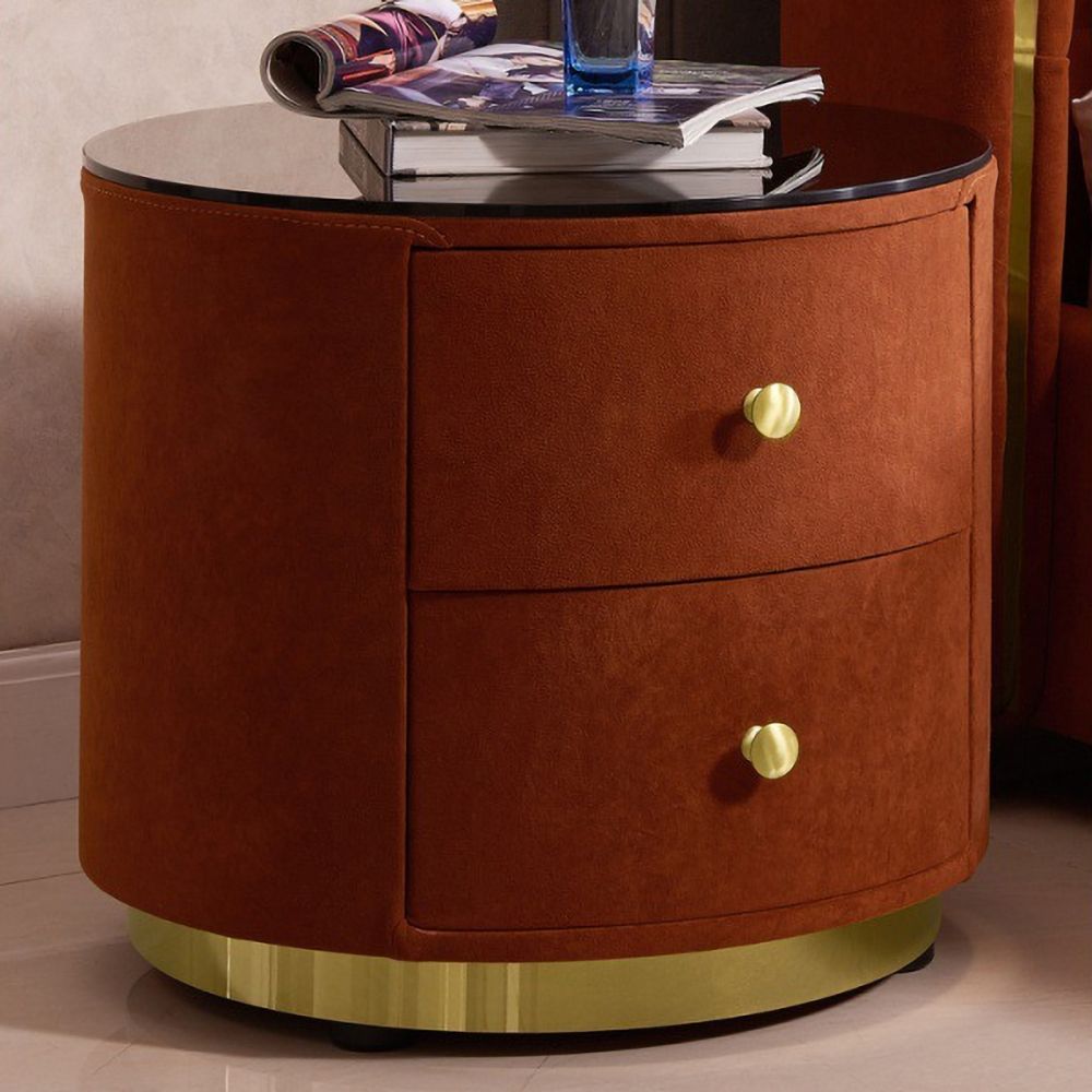 Modern Orange Round Nightstand Solid Wood Glass Top Bedside Table with