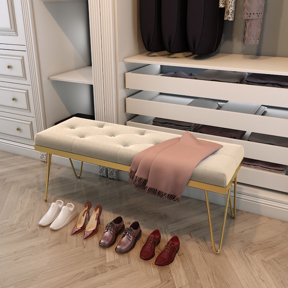Beige Tufted Entryway Bench Upholstered Velvet Modern Bench in Gold