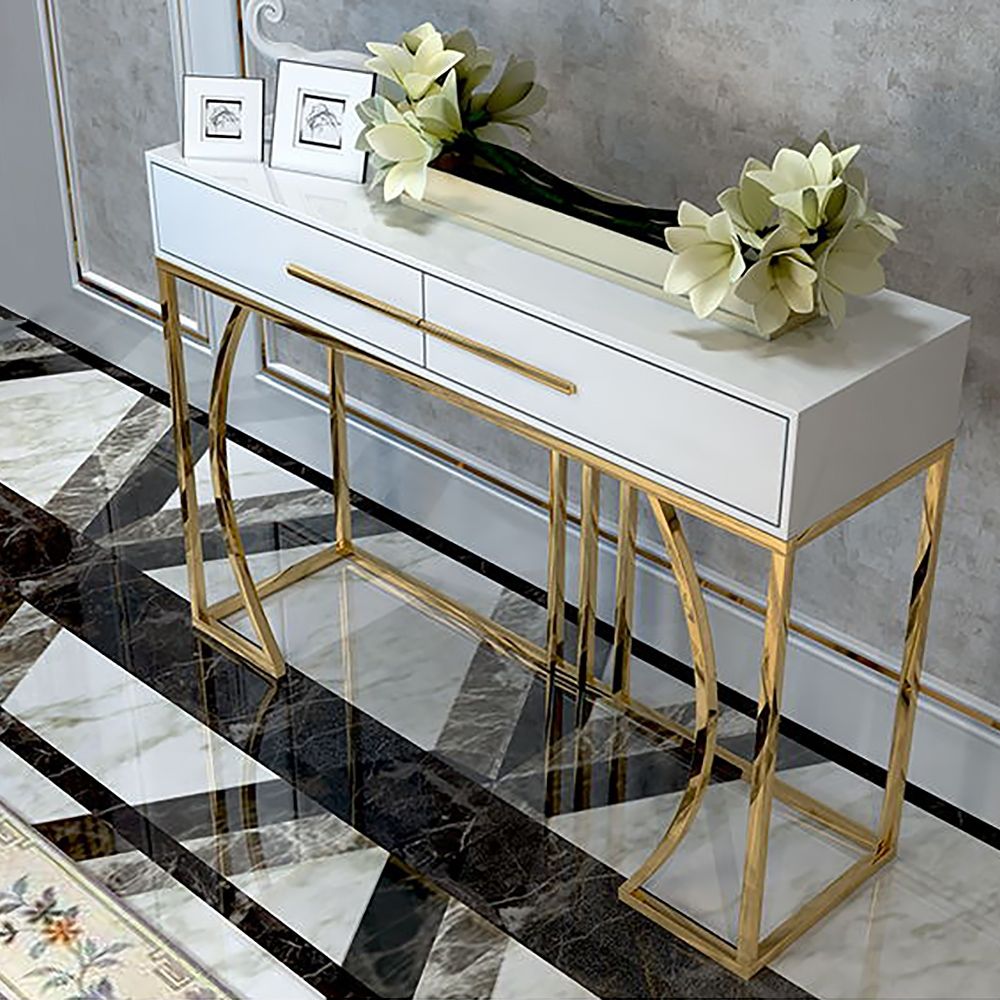 Rectangular White Marble Top Console Table with Storage Drawers & Frame