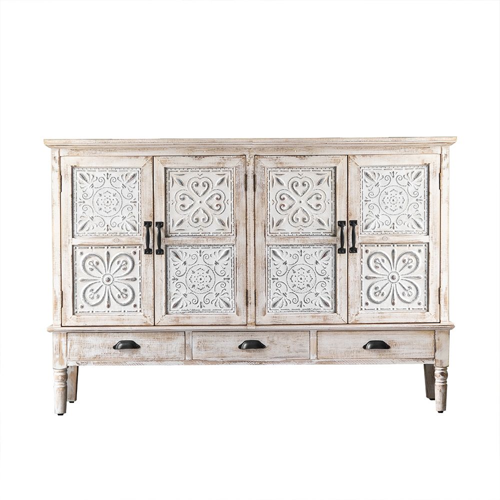 59" Farmhouse Distressed White Sideboard Buffet Artistic Surface with 4