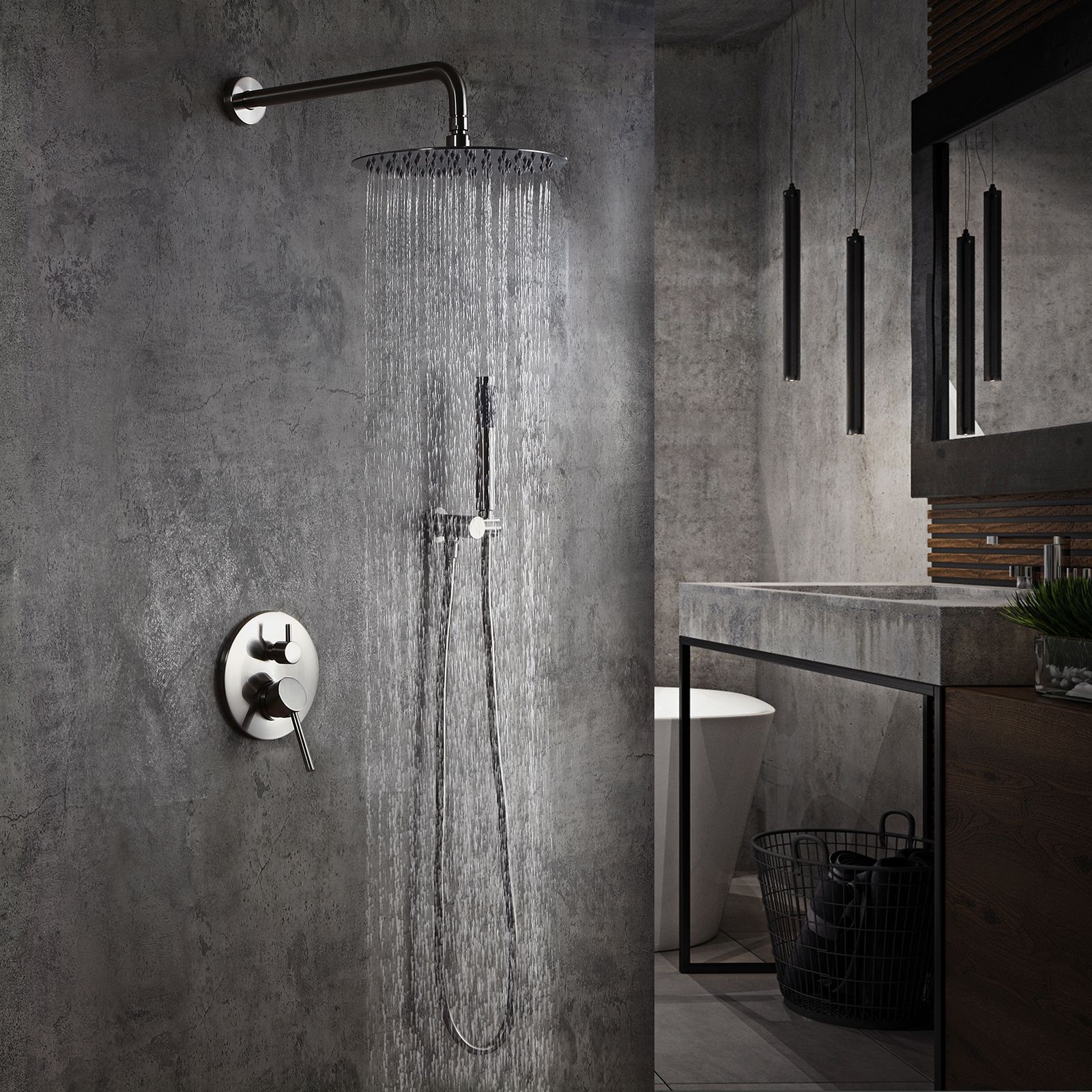 Modern Brushed Nickel Wall Mounted Rain Shower System with 8