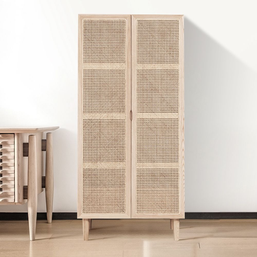 Cottage 2-Door Rattan Closet with Hidden Drawer Natural Woven Cabinet Ash