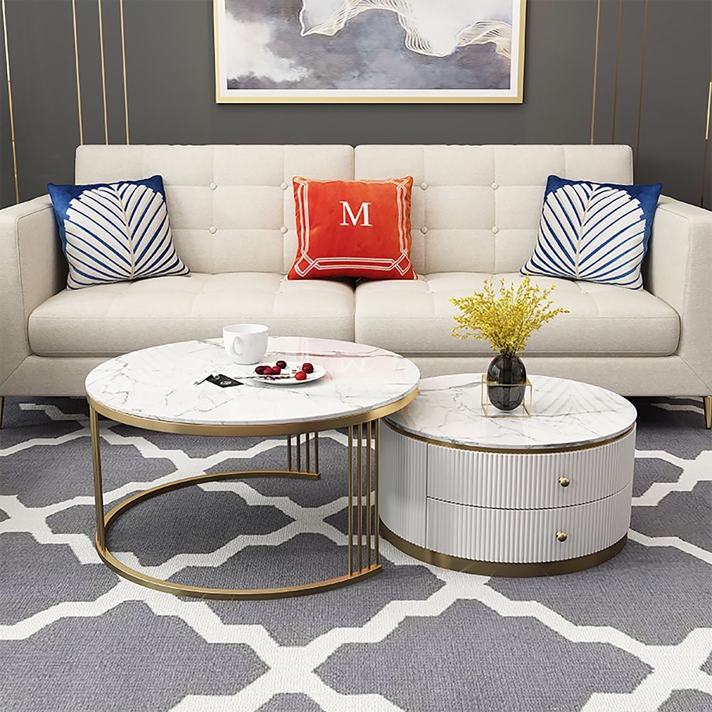 White Round Coffee Table with Storage Faux Marble Top Nesting Coffee