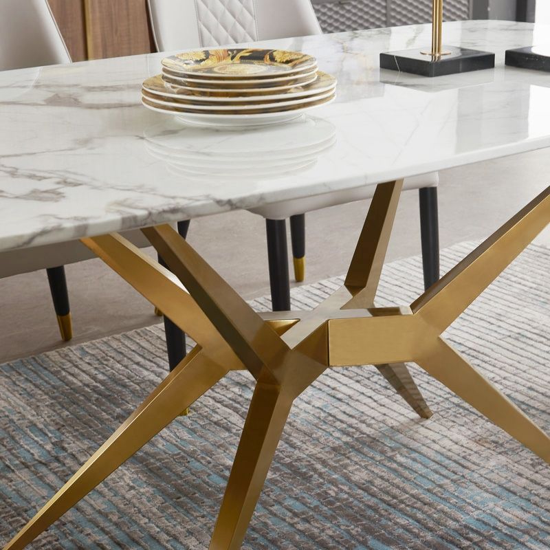 63" White Faux Marble Dining Table Modern Dining Table Gold Base