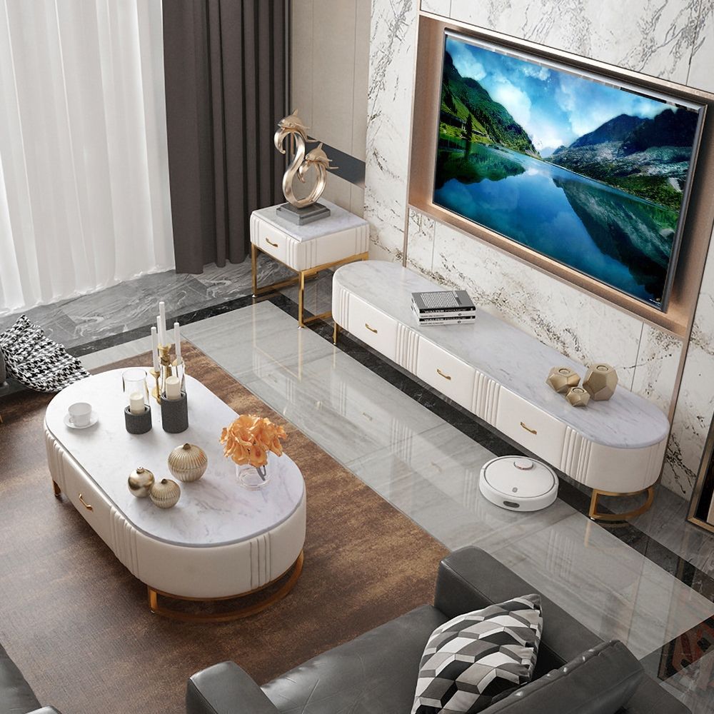 White Oval TV Stand Faux Marble Top Modern Media Stand with 3 Drawers