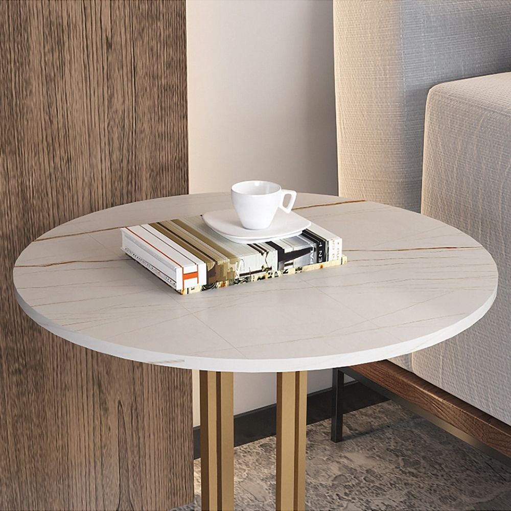 Modern White End Table with Stone Top Side Table Metal